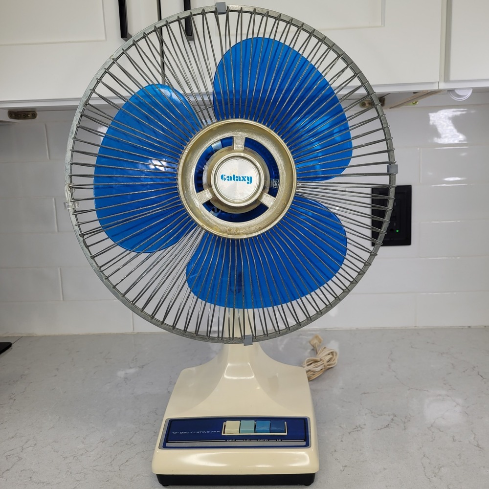 Vintage Galaxy 12" Oscillating 12-1 Aqua Blue Blades 3-Speed Fan Tested Works